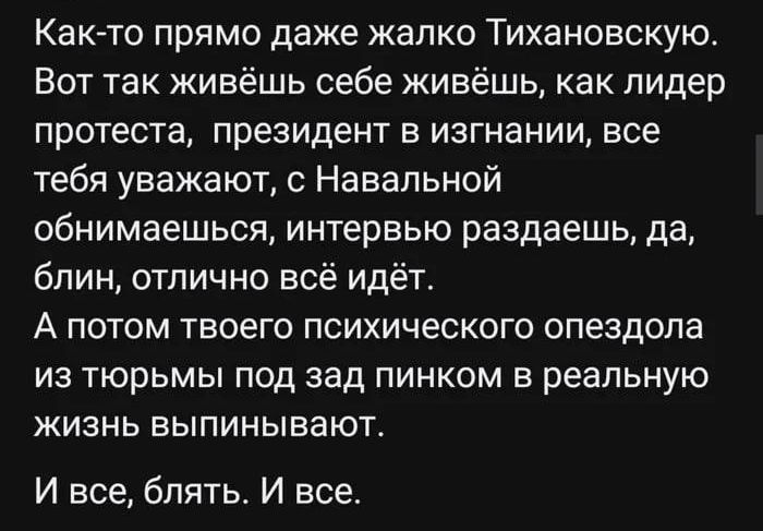 Как-то прямо даже жалко Тихановскую. Вот так живёшь себе живёшь, как лидер протеста, президент в изгнании, все тебя уважают, с Навальной обнимаешься, интервью раздаёшь, да, блин, отлично всё идёт. А потом твоего психического опездула из тюрьмы под зад пинком в реальную жизнь выпинывают. И всё, блять. И всё.
