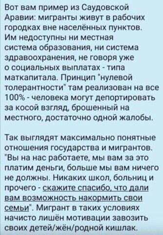 Вот вам пример из Саудовской Аравии: мигранты живут в рабочих городках вне населённых пунктов. Им недоступны ни местная система образования, ни система здравоохранения, не говоря уже о социальных выплатах - типа маткапитала. Принцип 