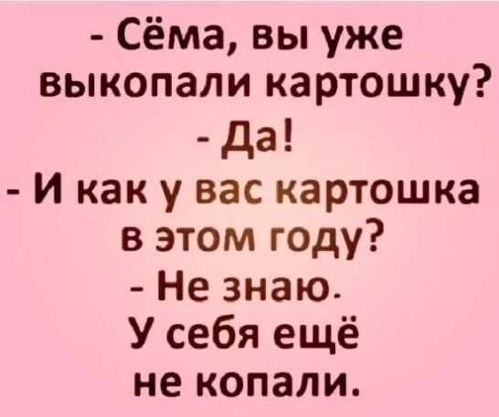 - Сёма, вы уже выкопали картошку?
- Да!
- И как у вас картошка в этом году?
- Не знаю.
У себя ещё не копали.