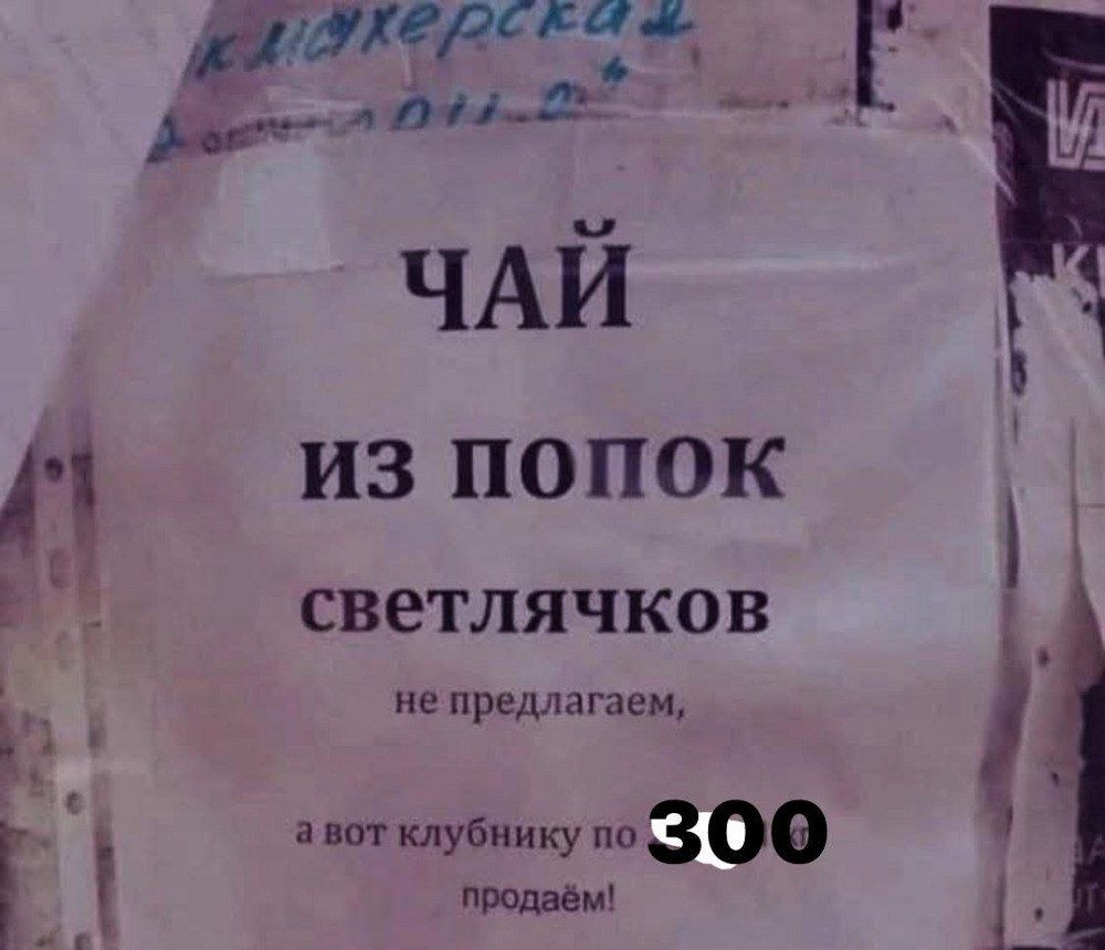 ЧАЙ
ИЗ ПОПОК
светлячков
не предлагаем,
а вот клубнику по
300
продаём!
