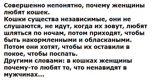 Совершенно непонятно, почему женщины любят кошек.
Кошки существа независимые, они не слушаются, не идут, когда их зовут, любят шляться по ночам, потом приходят, чтобы быть накормленными и обласканными.
Потом они хотят, чтобы их оставили в покое, чтобы поспать.
Другими словами: в кошках женщины почему-то любят то, что ненавидят в мужчинах...