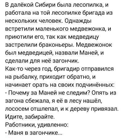 В далёкой Сибири была лесопилка, и работала на той лесопилке бригада из нескольких человек. Однажды встретили маленького медвежонка, и приютили его, так как медведицу застрелили браконьеры. Медвежонок был медведицей, назвали Маней, и сделали для неё загончик.
Как-то через год, бригадир отправился на рыбалку, приходит обратно, и начинает орать на своих подчинённых:
- Почему за Маней не следим? Опять из загона сбежала, а её в лесу нашёл, лосось отстал, и к дереву привязал.
Идите, Работники, удивлённо...
- Маня в загончике...