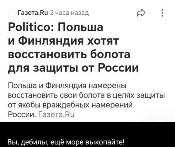 Politico: Польша и Финляндия хотят восстановить болота для защиты от России
Польша и Финляндия намерены восстановить свои болота в целях защиты от якобы враждебных намерений России. Газета.Ru

Вы, дебилы, ещё море выкопайте!