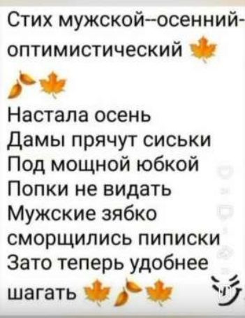 Стих мужской--осенний--оптимистический

Настала осень
Дамы прячут сиськи
Под мощной юбкой
Попки не видать
Мужские зьбко
сморщились письки
Зато теперь удобнее шагать