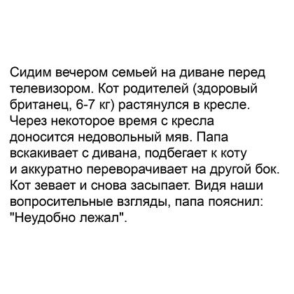 Сидим вечером семейь на диване перед телевизором. Кот родителей (здоровый британец, 6-7 кг) растянулся в кресле. Через некоторое время с кресла доносятся недовольный мяу. Папа вскакивает с дивана, подбегает к коту и аккуратно переворачивает на другой бок. Кот зевает и снова засыпает. Видай наши вопросительные взгляды, папа пояснил: 