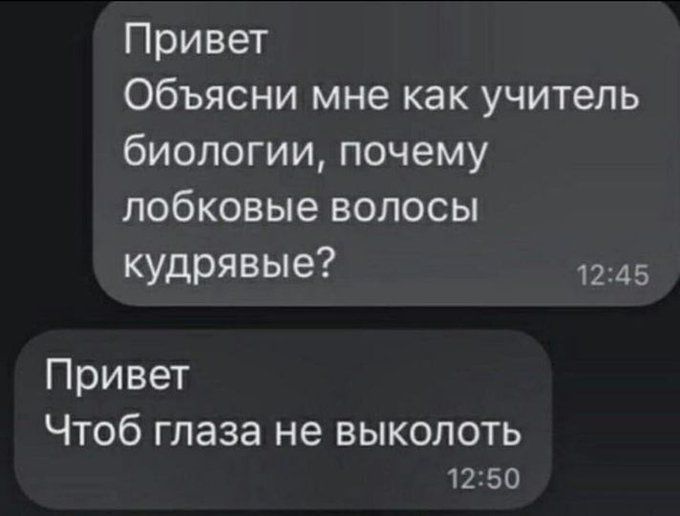 Привет
Объясни мне как учитель биологии, почему лобковые волосы кудрявые?

Привет
Чтоб глаза не выколоть