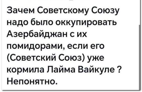 Зачем Советскому Союзу надо было оккупировать Азербайджан с их помидорами, если его (Советский Союз) уже кормила Лайма Вайкуле? Непонятно.