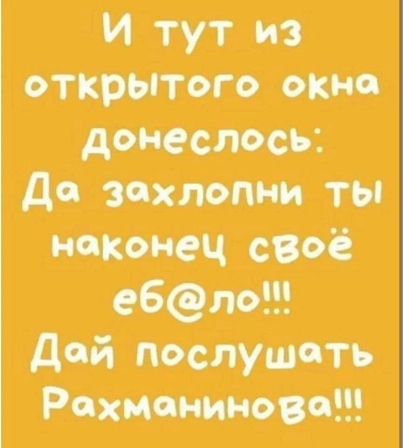 И тут из открытого окна донеслось: Да захлопни ты наконец своё ёб@ло!! Дай послушать Рахманинова!!!