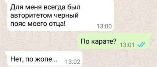 Для меня всегда был авторитетом черный пояс моего отца! По карате? Нет, по жопе...