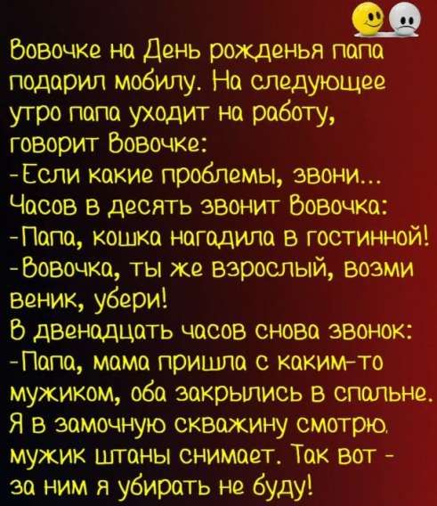 Вовочке на День рождения папа подарил мобилу. На следующее утро папа уходит на работу, говорит Вовочке: 
- Если какие проблемы, звони... 
Часов в десять звонит Вовочка: 
- Папа, кошка нагадила в гостиной! 
- Вовочка, ты же взрослый, возьми веник, убери! 
В двенадцать часов снова звонок: 
- Папа, мама пришла с каким-то мужиком, оба закрылись в спальне. 
Я в замочной скважине смотрю, мужик штаны снимает. Так вот - за ним я убирать не буду!