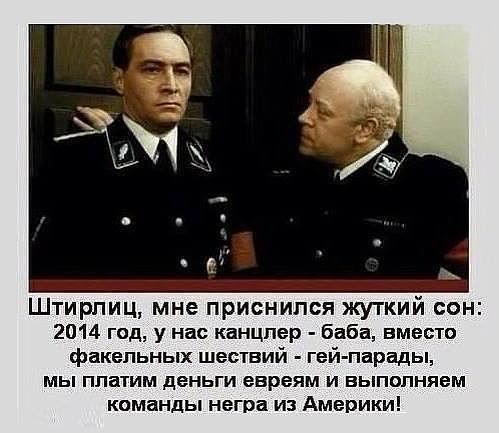 Штирлиц, мне приснился жуткий сон: 2014 год, у нас канцлер - баба, вместо факельных шествий - гей-парады, мы платим деньги евреям и выполняем команды негра из Америки!