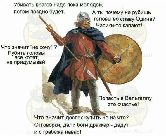 Убивать врагов надо пока молодой, потом поздно будет. А ты почему не рубишь головы во славу Одина? Часики-то капают! Что значит 