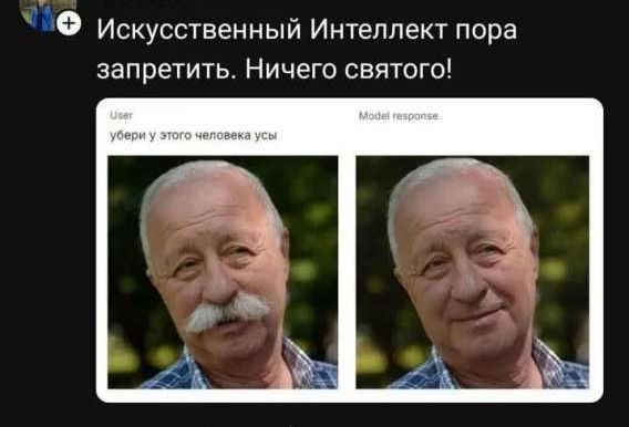 Искусственный Интеллект пора запретить. Ничего святого!
User: убери у этого человека усы
Model response: 