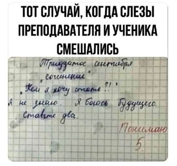 Тот случай, когда слёзы преподавателя и ученика смешались

Придумать интерпретацию сочинения «Кем я хочу стать?!.»
Я не знаю. Я боюсь будущего. Стать бы.

Оценка: 5