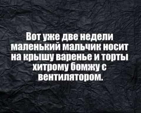 Вот уже две недели маленький мальчик носит на крышу варенье и торты хитрому бомжу с вентилятором.