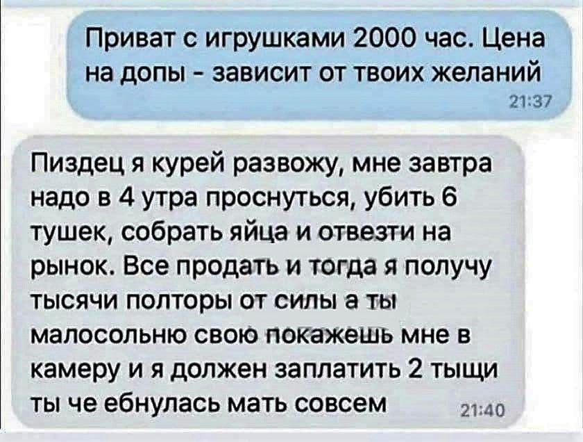 Привет с игрушками 2000 час. Цена на допы - зависит от твоих желаний

Пиздец я курей развожу, мне завтра надо в 4 утра проснуться, убить 6 тушек, собрать яйца и отвезти на рынок. Все продать и тогда я получу тысячи полторы от силы а ты малосольно свою покажешь мне в камеру и я должен заплатить 2 тыщи ты че ебнулась мать совсем