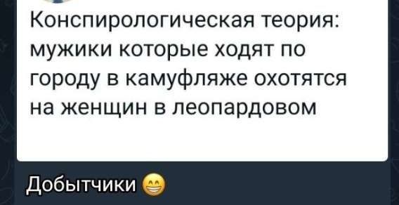 Конспирологическая теория: мужики которые ходят по городу в камуфляже охотятся на женщин в леопардовом.
Добытчики 😊