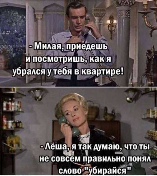 - Милая, приедешь и посмотришь, как я убрался у тебя в квартире! - Лёша, я так думаю, что ты не совсем правильно понял слово 