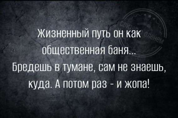 Жизненный путь он как общественная баня... Бредешь в тумане, сам не знаешь, куда. А потом раз - и жопа!