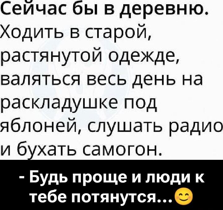 Сейчас бы в деревню.
Ходить в старой,
растянутой одежде,
валяться весь день на
раскладушке под
яблоней, слушать радио
и бухать самогон.

- Будь проще и люди к
тебе потянутся...😊