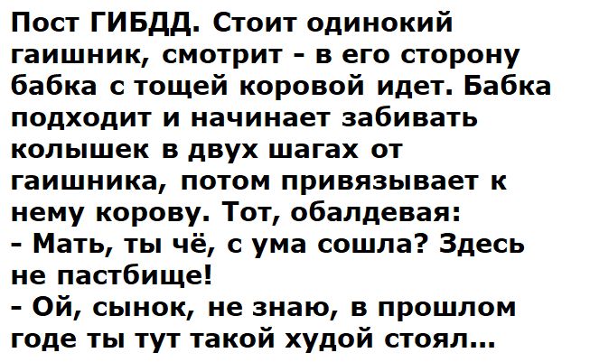 Пост ГИБДД. Стоит одиночный гаишник, смотрит - в его сторону бабка с тощей коровой идет. Бабка подходит и начинает забивать кольышек в двух шагах от гаишника, потом привязывает к нему корову. Тот, обалдевая: - Мать, ты чё, с ума сошла? Здесь не пастбище! - Ой, сынок, не знаю, в прошлом году ты тут такой худой стоял...