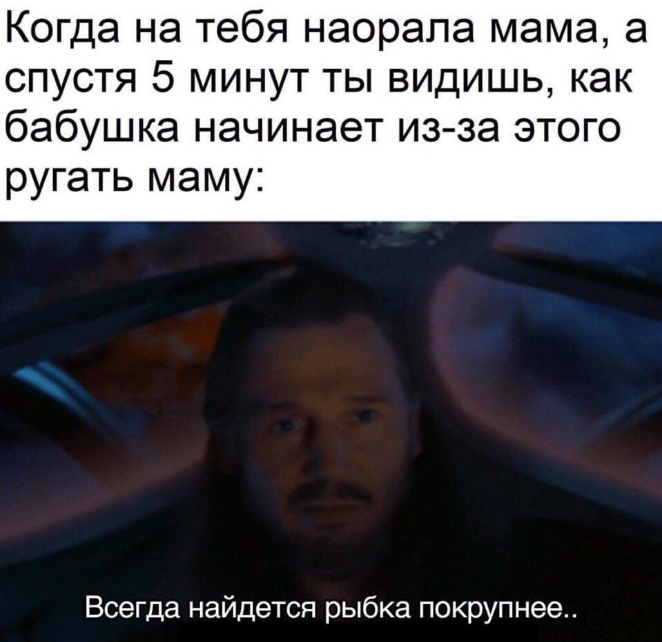 Когда на тебя наорала мама, а спустя 5 минут ты видишь, как бабушка начинает из-за этого ругать маму: Всегда найдется рыбка покрупнее..