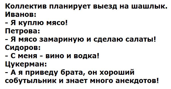 Коллектив планирует выезд на шашлык.
Иванов:
- Я куплю мясо!
Петрова:
- Я мясо замариную и сделаю салаты!
Сидоров:
- С меня - вино и водка!
Цукерман:
- А я приведу брата, он хороший собутыльник и знает много анекдотов!