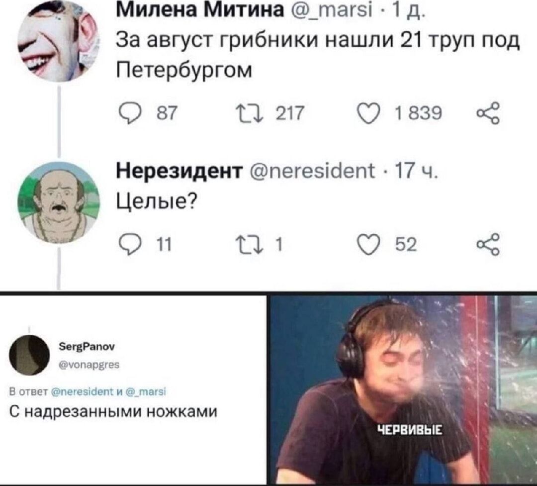 За август грибники нашли 21 труп под Петербургом
Целые?
С надрезанными ножками