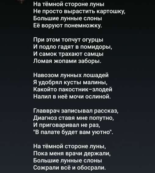 На тёмной стороне луны
Не просто вырастить картошку,
Большие лунные слоны
Её воруют понемножку.

При этом топчут огурцы
И подло гадят в помидоры,
И самок трахают сами,
Ломая жопами заборы.

Навозом лунных лошадей
Я добрался кусты малины,
Какой-то пакостник – злодей
Налил в неё мочи ослиной.

Главврач записываль рассказ,
Диагноз ставил мне попутно,
И приговаривал не раз,
