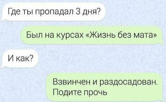 Где ты пропадал 3 дня? Был на курсах «Жизнь без мата». И как? Взвинчен и разоздан. Пойдите прочь.