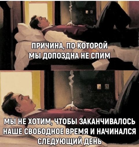 ПРИЧИНА, ПО КОТОРОЙ МЫ ДОПОЗДНА НЕ СПИМ
МЫ НЕ ХОТИМ, ЧТОБЫ ЗАКАНЧИВАЛОСЬ НАШЕ СВОБОДНОЕ ВРЕМЯ И НАЧИНАЛСЯ СЛЕДУЮЩИЙ ДЕНЬ