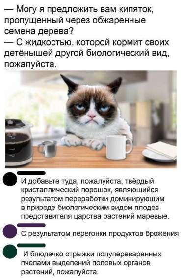 — Могу я предложить вам кипяток, пропущенный через обжаренные семена дерева?
— С жидкостью, которой кормит своих детёнышей другой биологический вид, пожалуйста.

И добавьте туда, пожалуйста, твёрдый кристаллический порошок, являющийся результатом переработки доминирующим в природе биологическим видом плодов представителя царства растений маревые.

С результатом перегонки продуктов брожения

И блюдечко отрыжки полупереваренных выделений половых органов растений, пожалуйста.