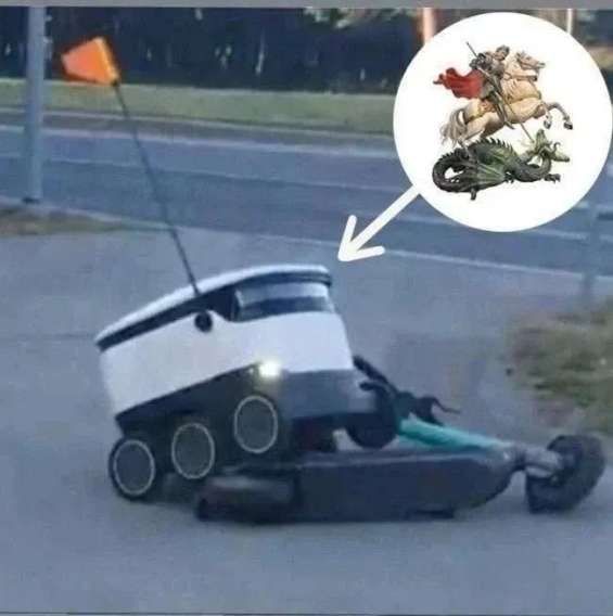 Мемная сцена: робот-пылесос перевернулся на улице, рядом лежит ещё что-то; сверху вставлена иллюстрация с фигурами на белом круге.