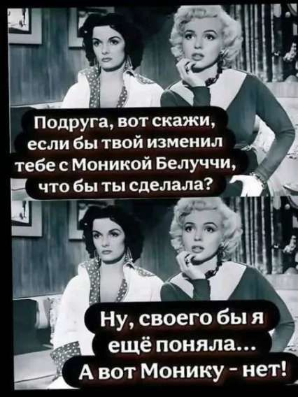 Подруга, вот скажи, если бы твоей изменил, тебе с Монкой Белуччи, что бы ты сделала? Ну, своего бы я ещё поняла... А вот Монику - нет!
