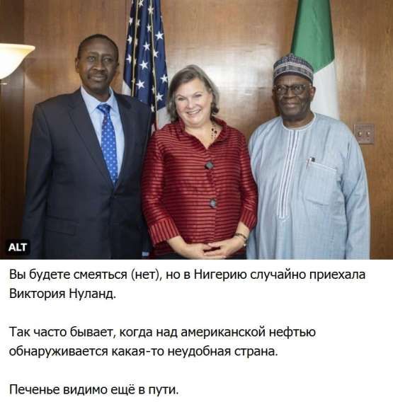 Вы будете смеяться (нет), но в Нигерии случайно приехала Виктория Нуланд. Так часто бывает, когда над американской нефтью обнаруживается какая-то неудобная страна. Печенье видно ещё в пути.