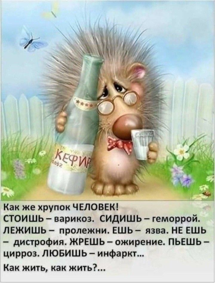 Как же хрупок ЧЕЛОВЕК! Стоишь – варикоз. сидишь – геморрой. Лежишь – пролежни. Ешь – язва. НЕ ЕШЬ — дистрофия. ЖРЕШ – ожирение. ПЬЕШЬ – цирроз. ЛЮБИШЬ – инфаркт... Как жить, как жить?...