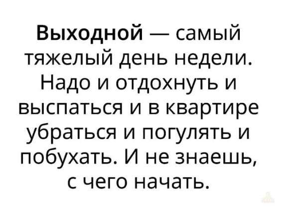 Выходной — самый тяжёлый день недели. Надо и отдохнуть и выспаться и в квартире убрать и погулять и побухать. И не знаешь, с чего начать.