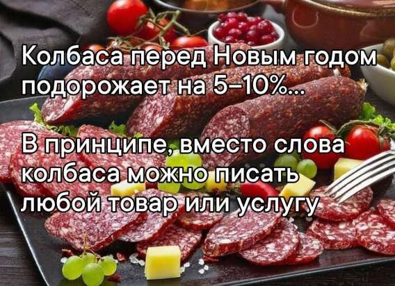 Колбаса перед Новым годом подорожает на 5–10%... В принципе, вместо слова колбаса можно писать любой товар или услугу
