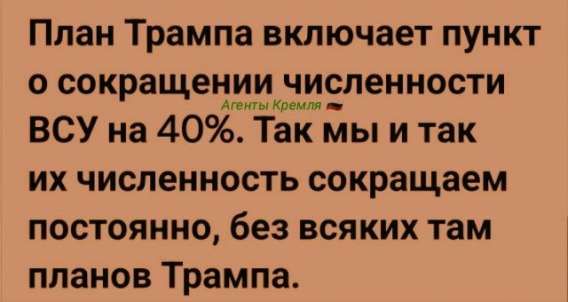 План Трампа включает пункт о сокращении численности ВСУ на 40%. Так мы и так их численность сокращаем постоянно, без всяких там планов Трампа.