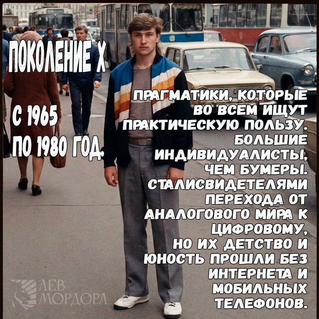 ПОКОЛЕНИЕ X
С 1965 ПО 1980 ГОД.
ПРАГМАТИКИ, КОТОРЫЕ ВО ВСЕМ ИЩУТ ПРАКТИЧЕСКУЮ ПОЛЬЗУ. БОЛЬШИЕ ИНДИВИДУАЛИСТЫ, ЧЕМ БУМЕРЫ. СТАЛИСВИДЕТЕЛЯМИ ПЕРЕХОДА ОТ АНАЛОГОВОГО МИРА К ЦИФРОВОМУ, НО ИХ ДЕТСТВО И ЮНОСТЬ ПРОШЛИ БЕЗ ИНТЕРНЕТА И МОБИЛЬНЫХ ТЕЛЕФОНОВ.