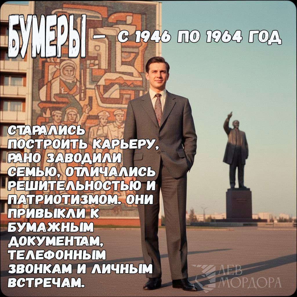 БУМЕРЫ - с 1946 по 1964 год
СТАРАЛИСЬ ПОСТРОИТЬ КАРЬЕРУ, РАНО ЗАВОДИЛИ СЕМЬЮ, ОТЛИЧАЛИСЬ РЕШИТЕЛЬНОСТЬЮ И ПАТРИОТИЗМОМ. ОНИ ПРИВЫКЛИ К БУМАЖНЫМ ДОКУМЕНТАМ, ТЕЛЕФОННЫМ ЗВОНКАМ И ЛИЧНЫМ ВСТРЕЧАМ.