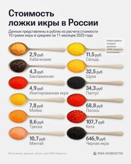 Стоимость ложки икры в России. Данные представлены в рублях из расчета стоимости 10 грамм икры в среднем за 11 месяцев 2025 года. Кабчковая 2,9 руб; Баклажанная 4,3 руб; Имитированная икра 4,9 руб; Мойва 7,8 руб; Треска 8,6 руб; Минтай 10,7 руб; Сельдь 11,5 руб; Щука 32,5 руб; Палтус 34,3 руб; Лосось 68,8 руб; Кета 107,7 руб; Черная икра 646,9 руб.