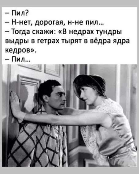 – Пил? – Н-нет, дорогая, н-нe пил... – Тогда скажи: «В недрах тундры выдры в гетрах тырят в ведра ядра кедров». – Пил...
