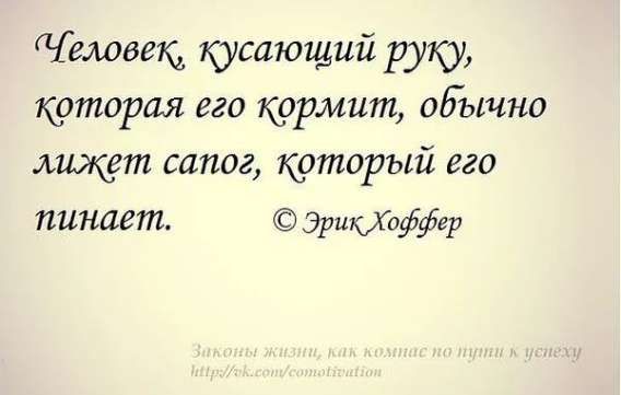 Человек, кусaющий руку, которая его кормит, обычно лежит сапог, который его пинает. © Эрик Хофффер