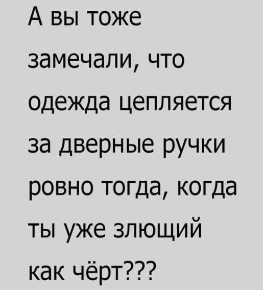 А вы тоже замечали, что одежда цепляется за дверные ручки ровно тогда, когда ты уже злой как чёрт???