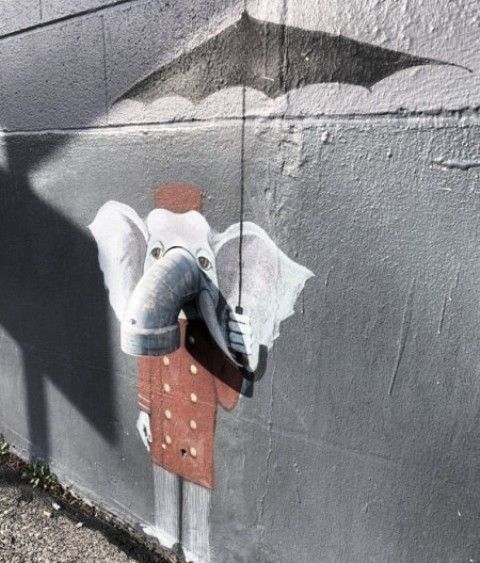 Уличная граффити-иллюстрация слона на стене рядом с тенью летучей мыши