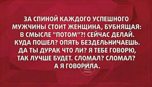 ЗА СПИНОЙ КАЖДОГО УСПЕШНОГО МУЖЧИНЫ СТОИТ ЖЕНЩИНА, БУБНИША: В СМЫСЛЕ «ПОТОМ»?! СЕЙЧАС ДЕЛАЙ. КУДА ПОШЕЛ? ОПЯТЬ БЕЗДЕЛЬНИЧАЕШЬ. ДА ТЫ ТАКАЯ ЧТО ЛИ? Я ТЕБЕ ГОВОРЮ, ТАК ЛУЧШЕ БУДЕТ. СЛОМАЛ? СЛОМАЛ? А Я ГОВОРИЛА.