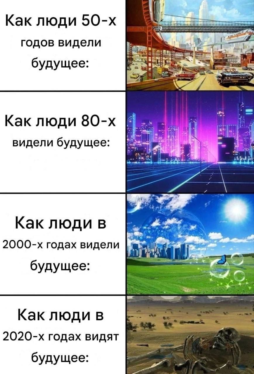 Как люди 50-х годов видели будущее:
Как люди 80-х видели будущее:
Как люди в 2000-х годах видели будущее:
Как люди в 2020-х годах видят будущее: