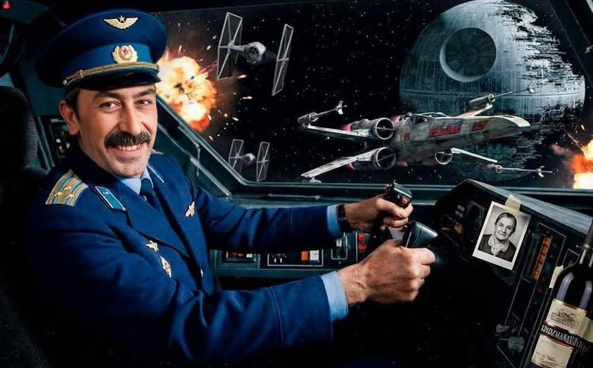 Пилот в форме управляет кораблем, на фоне космической битвы и Звезды Смерти.