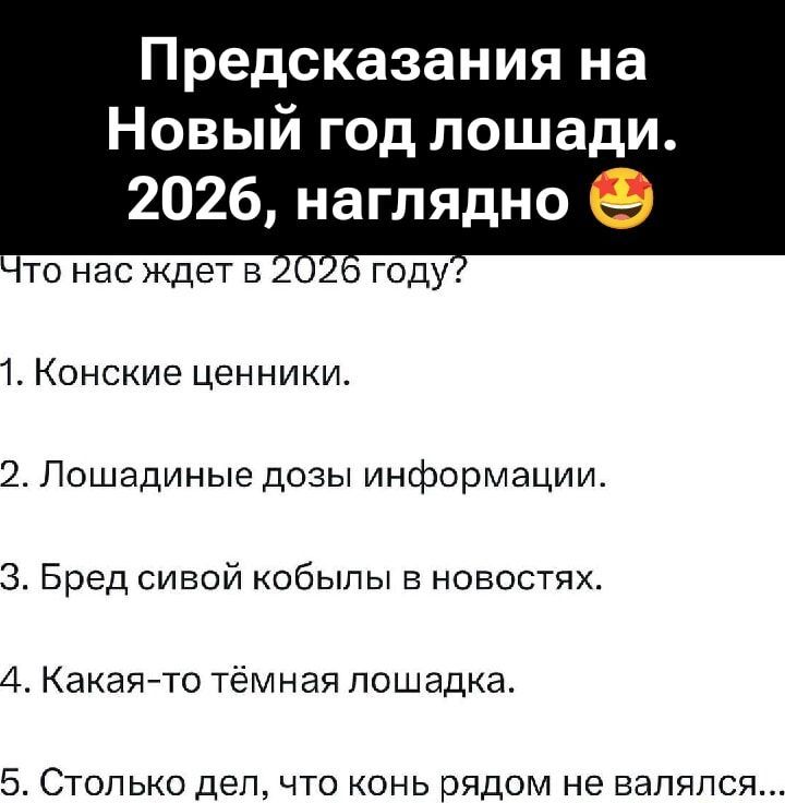 Предсказания на Новый год лошади. 2026, наглядно 😍 Что нас ждёт в 2026 году? 1. Конские ценники. 2. Лошадиные дозы информации. 3. Бред сивой кобылы в новостях. 4. Какая-то тёмная лошадка. 5. Столько дел, что конь рядом не валялся...